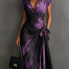 Elisa | Midi Wrap Dress in Abstract Print, Purple