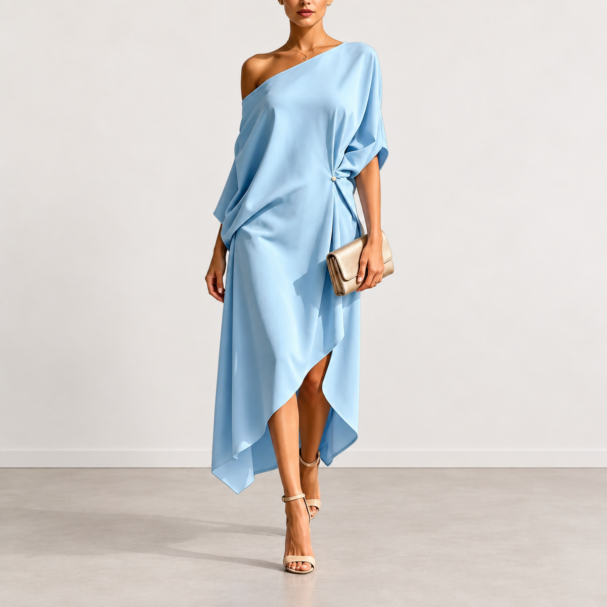 Evelyn Melbourne — asymmetric draped midi dress — view 1