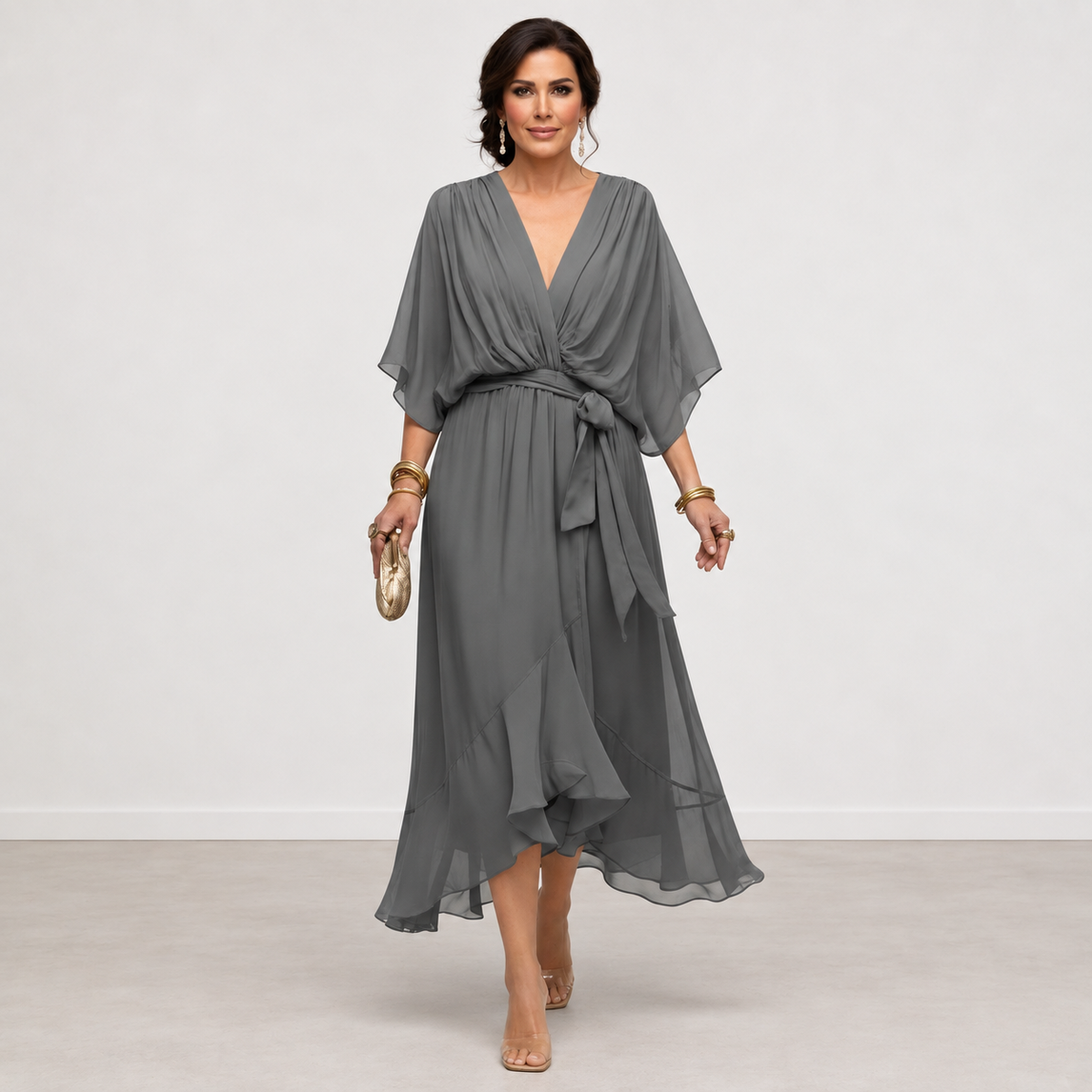 Evelyn Melbourne — wrap-style layered midi dress — view 11