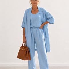 Evelyn Melbourne three-piece cardigan trouser set - Blue