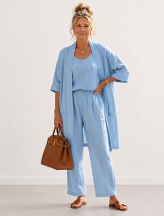 Evelyn Melbourne three-piece cardigan trouser set - Blue