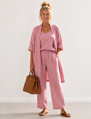 Evelyn Melbourne three-piece cardigan trouser set - Pink