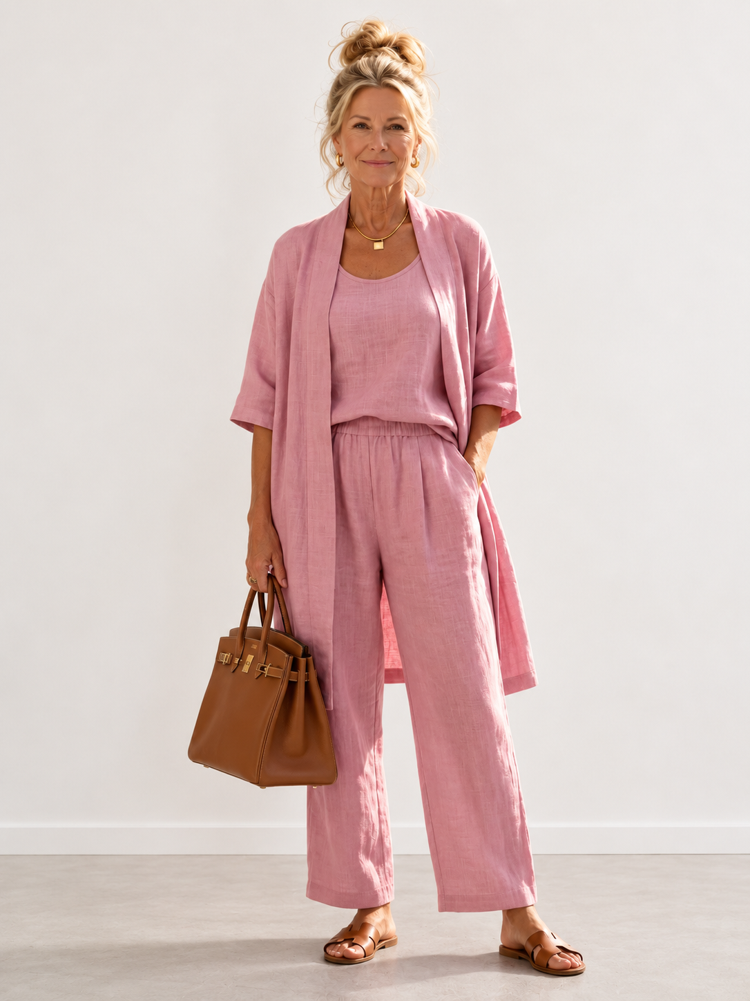 Evelyn Melbourne three-piece cardigan trouser set - Pink