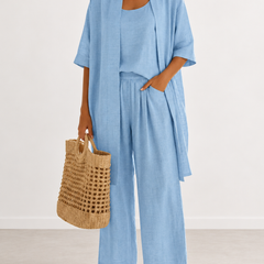 Evelyn Melbourne three-piece cardigan trouser set - Blue fabric view
