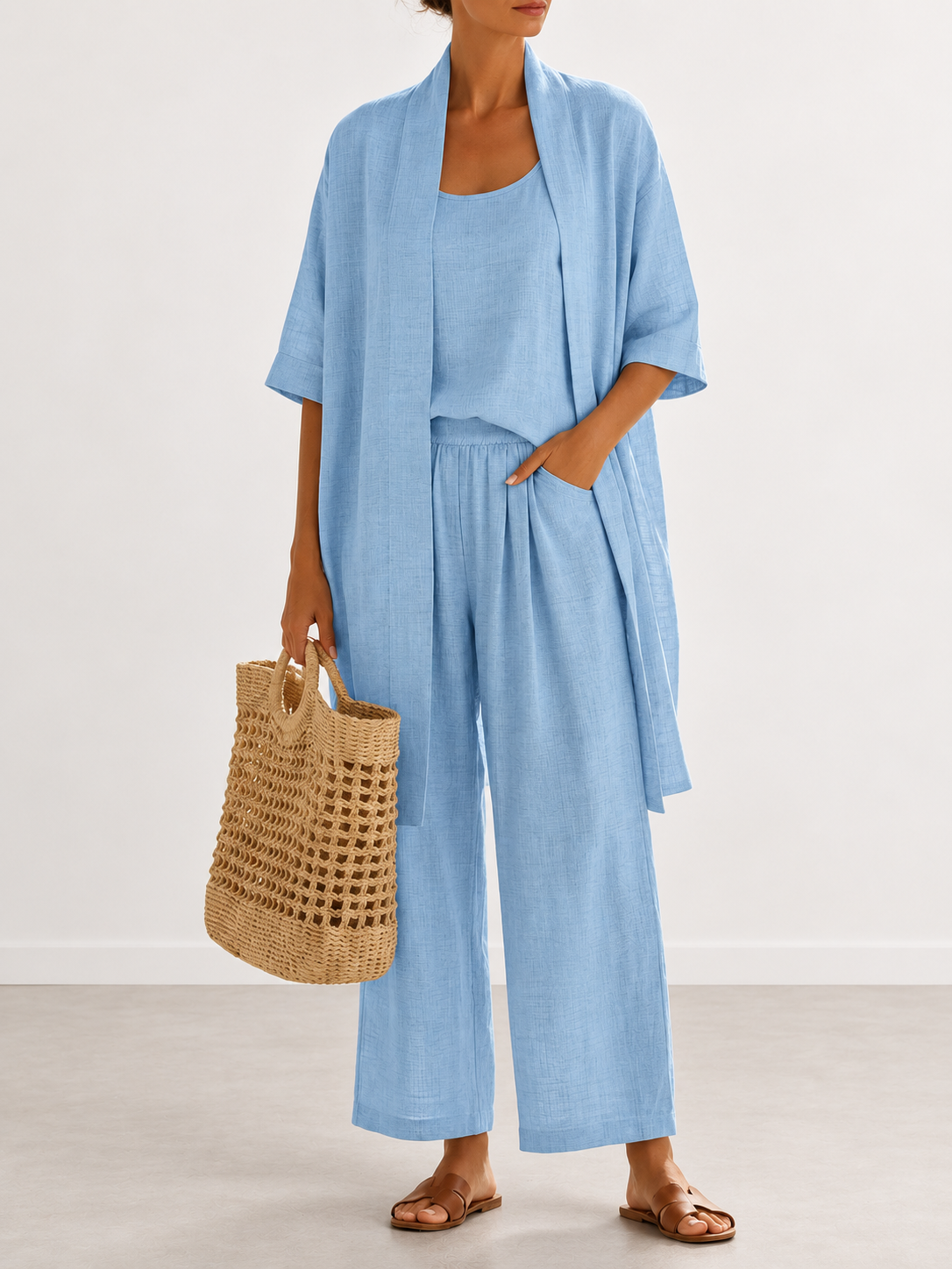 Evelyn Melbourne three-piece cardigan trouser set - Blue fabric view