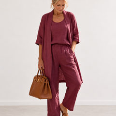 Evelyn Melbourne three-piece cardigan trouser set - Wine Red