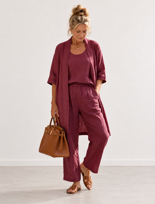 Evelyn Melbourne three-piece cardigan trouser set - Wine Red
