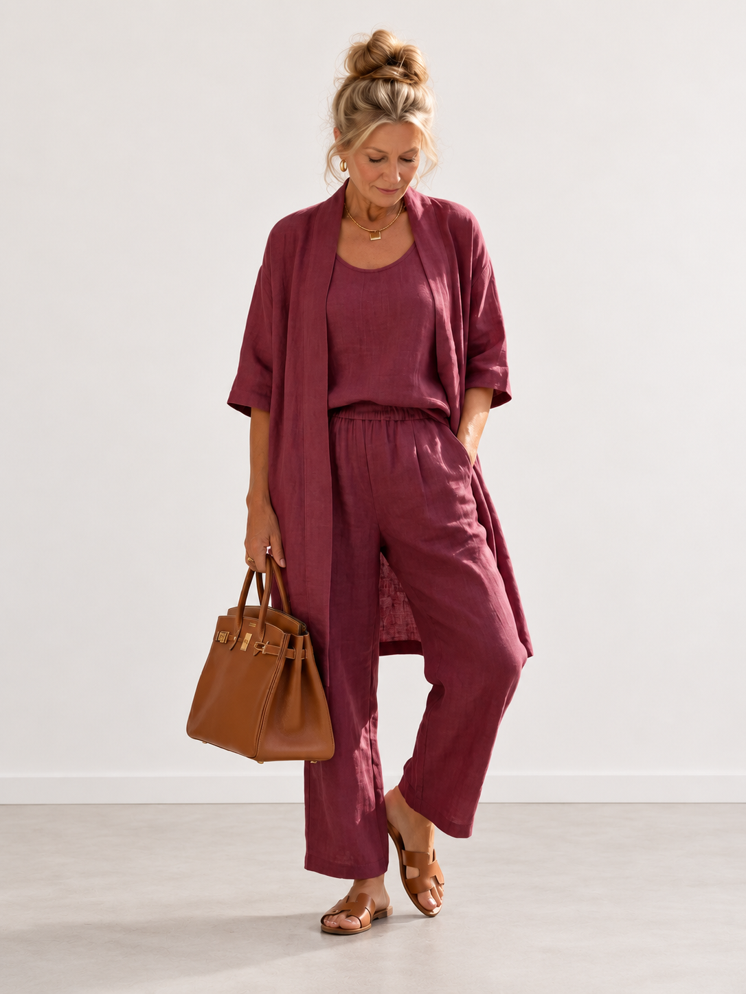 Evelyn Melbourne three-piece cardigan trouser set - Wine Red