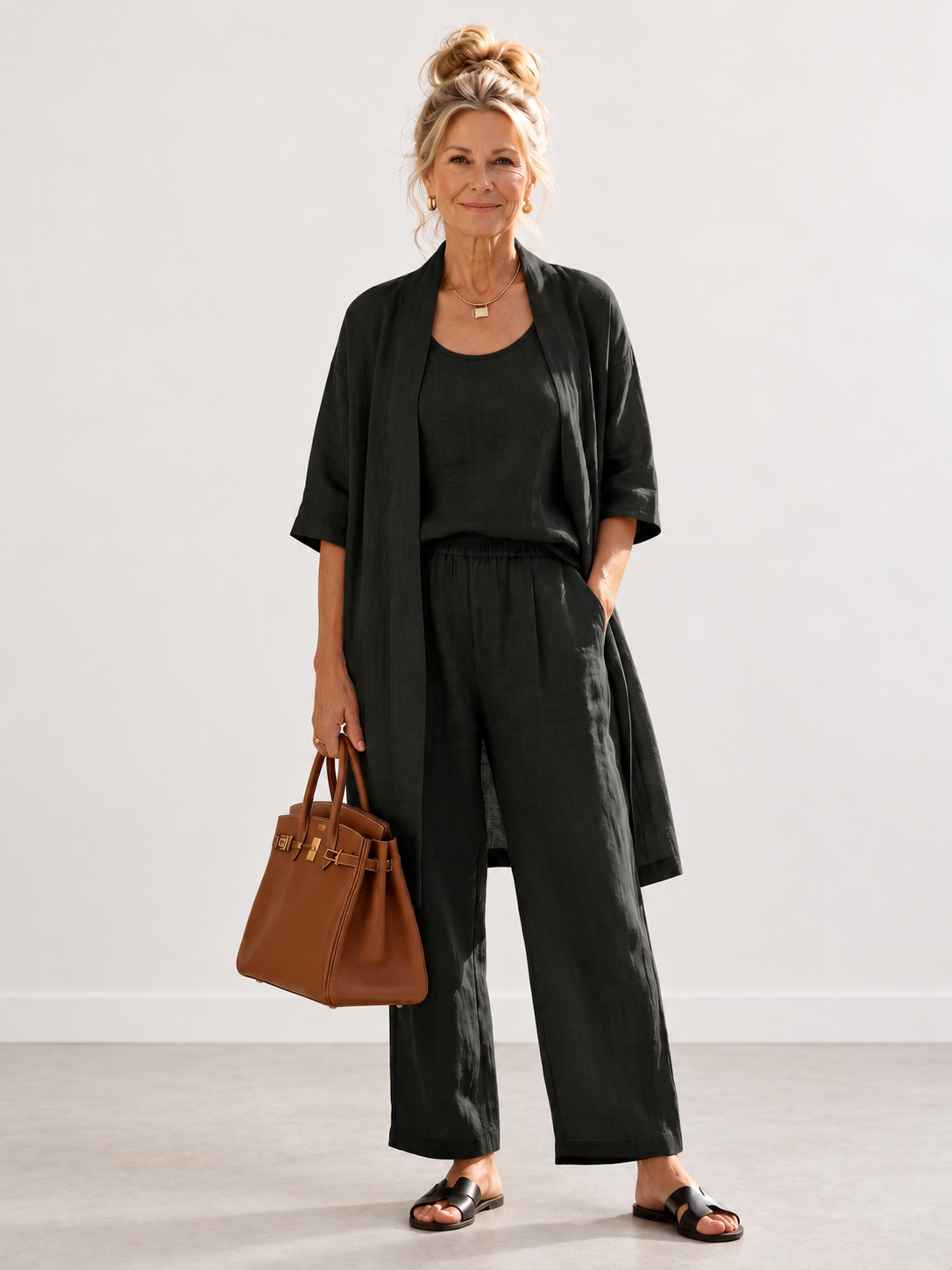 Evelyn Melbourne three-piece cardigan trouser set - Black