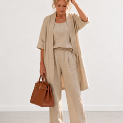Evelyn Melbourne three-piece cardigan trouser set - Khaki