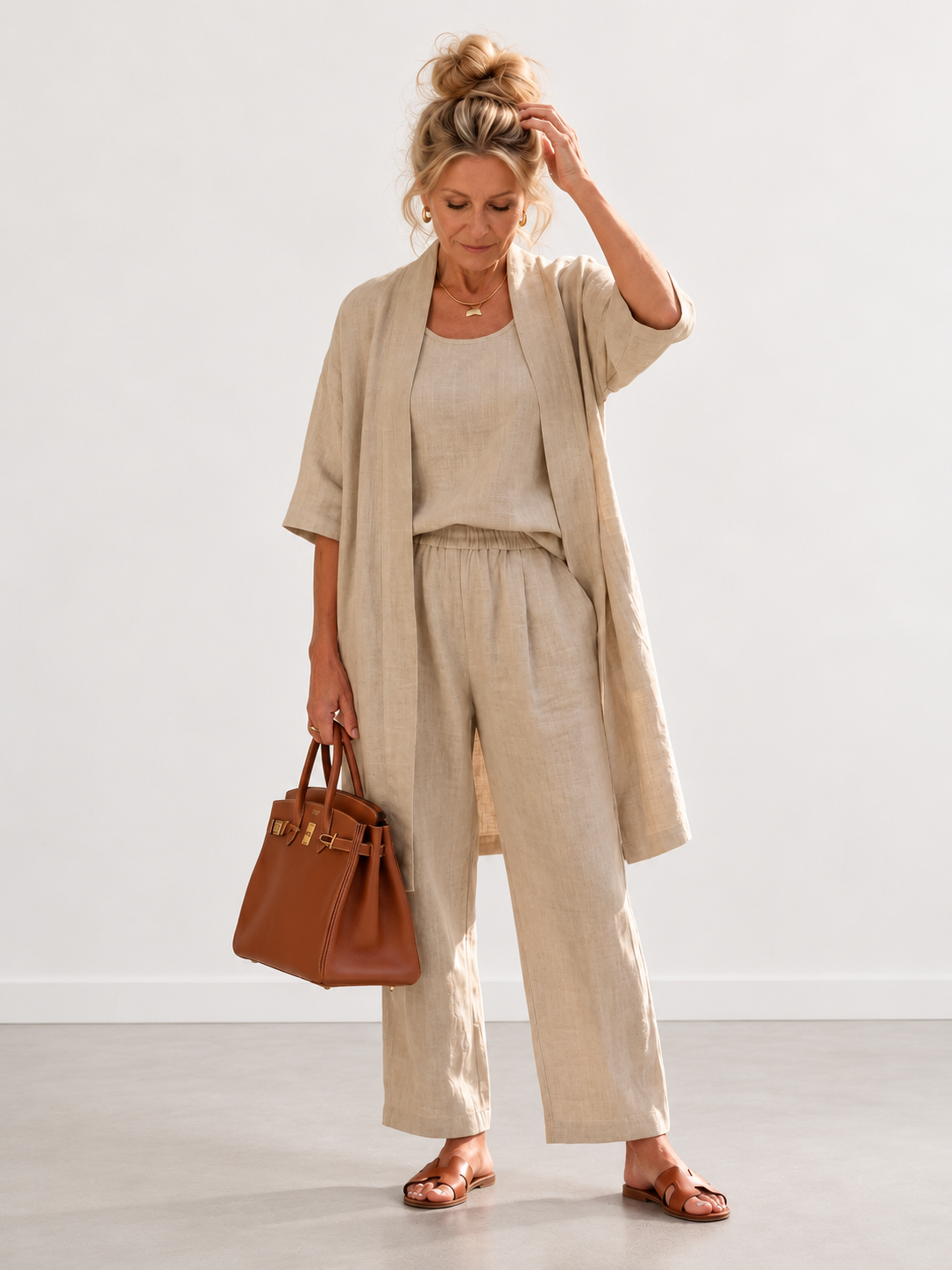 Evelyn Melbourne three-piece cardigan trouser set - Khaki