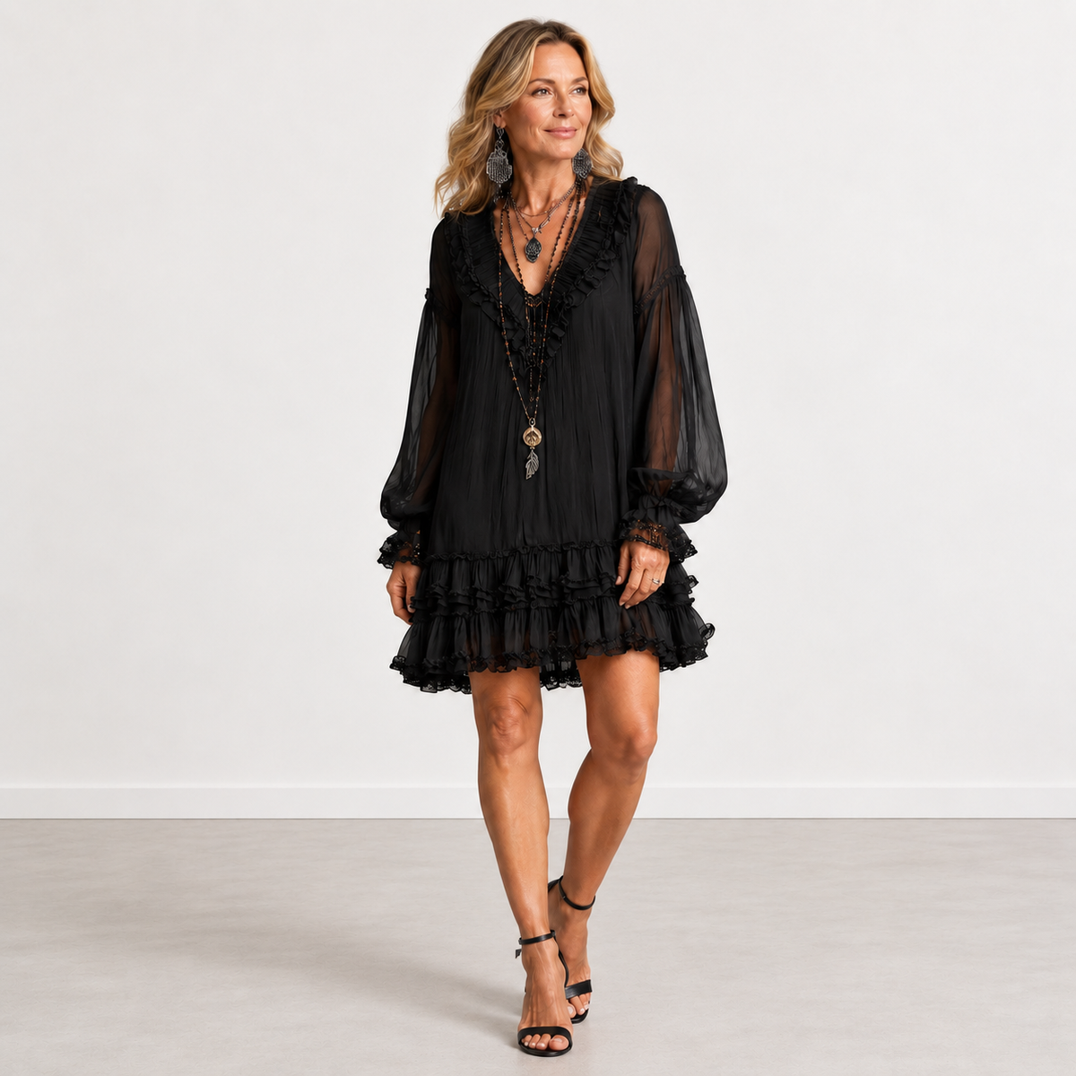 Evelyn Melbourne black ruffled mini dress - front view