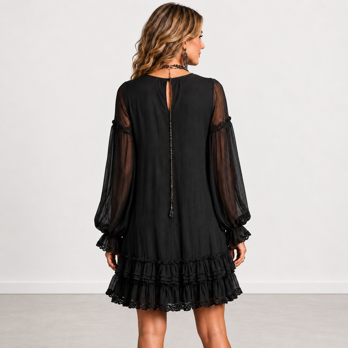 Evelyn Melbourne black ruffled mini dress - back view