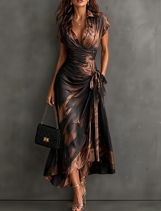 Francesca | Midi Wrap Dress in Abstract Print, Brown