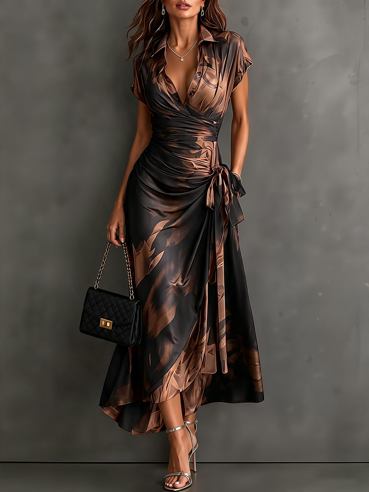 Francesca | Midi Wrap Dress in Abstract Print, Brown