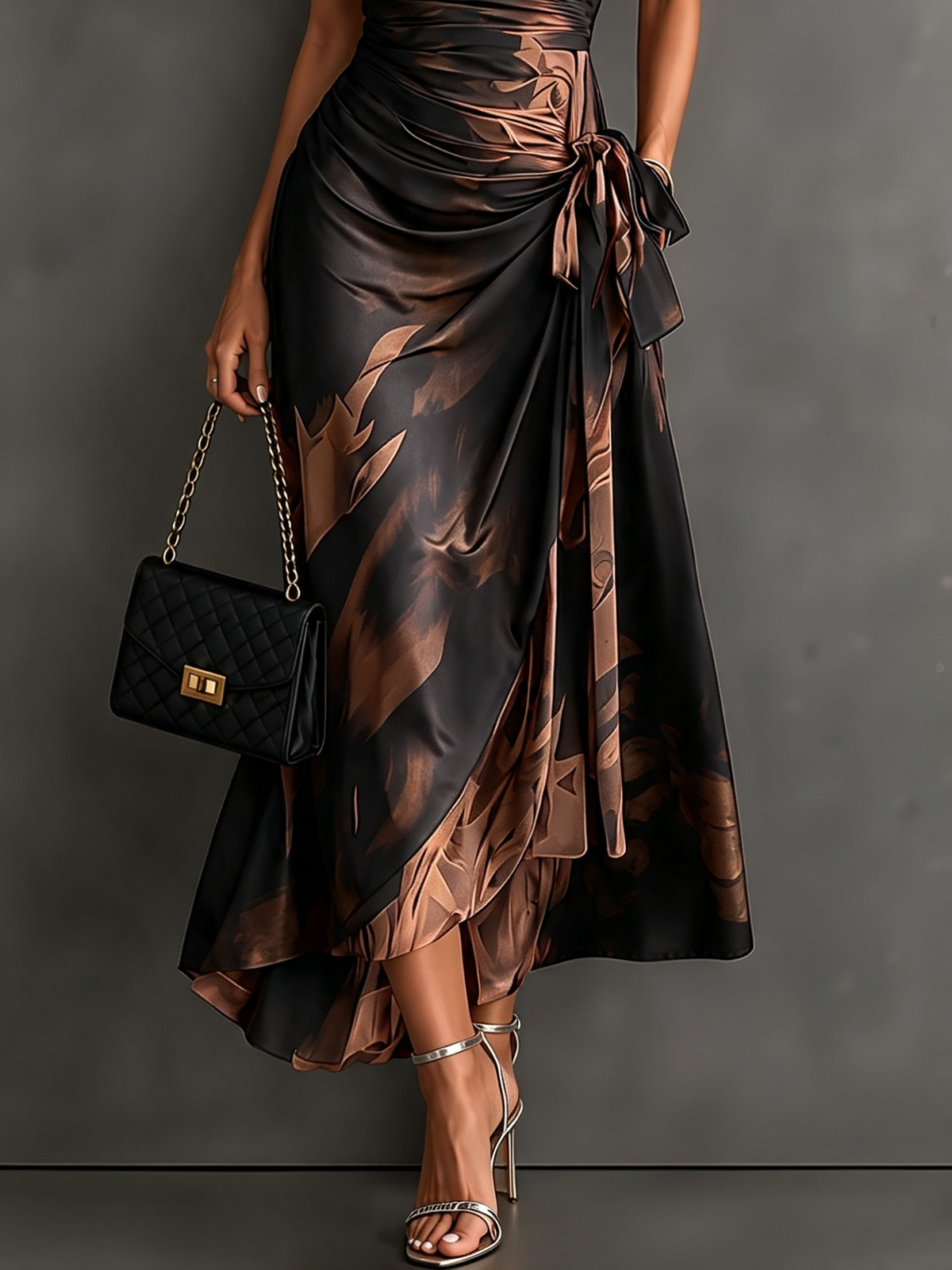 Francesca | Midi Wrap Dress in Abstract Print, Brown