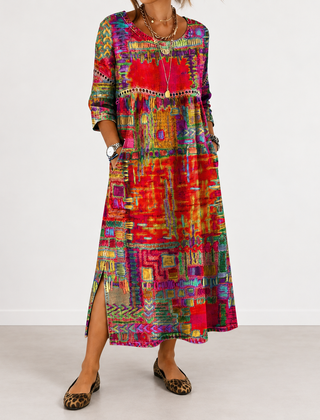 Manuela patchwork print dress in red
