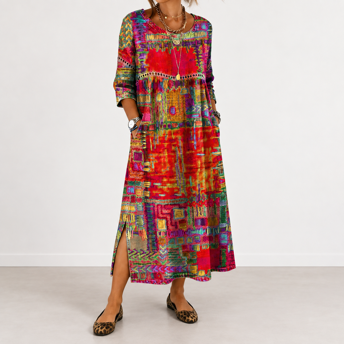 Manuela patchwork print dress in red