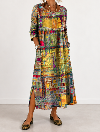 Manuela patchwork print dress in yellow