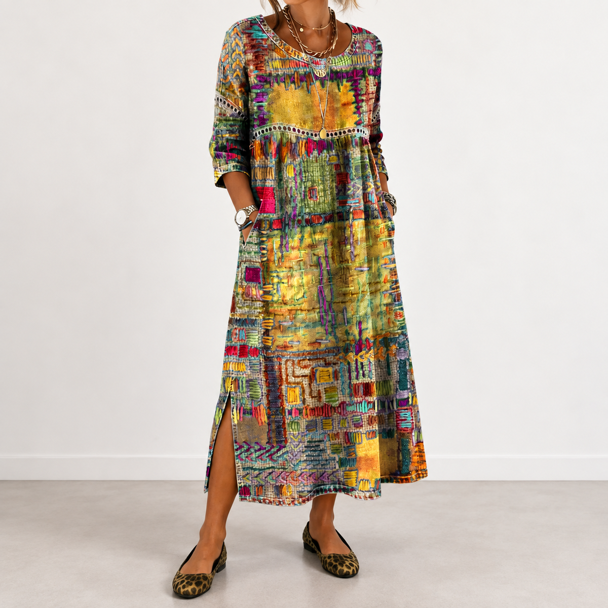 Manuela patchwork print dress in yellow