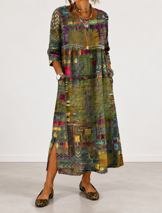 Manuela patchwork print dress in military green