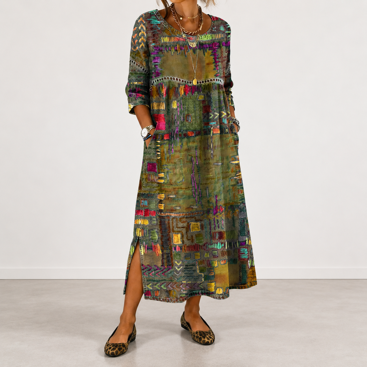 Manuela patchwork print dress in military green