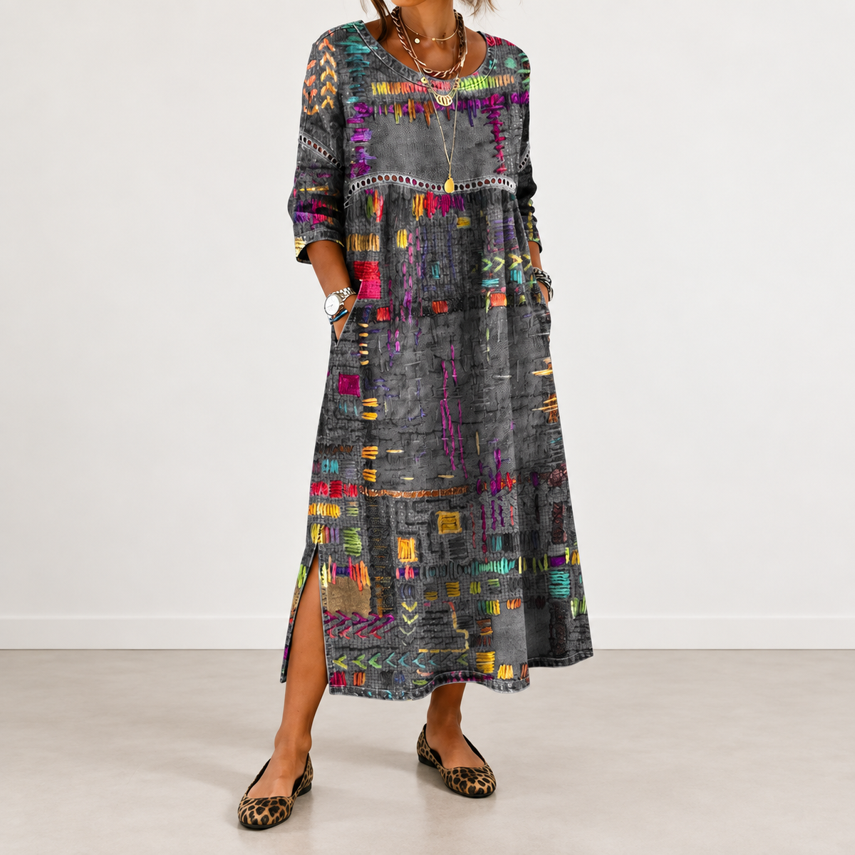 Manuela patchwork print dress in grey