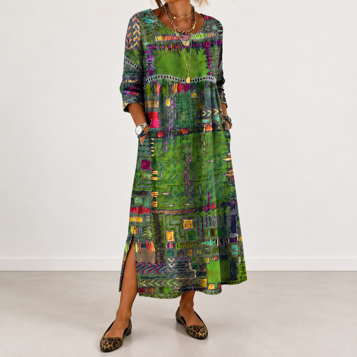 Manuela patchwork print dress in green