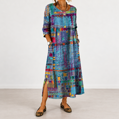 Manuela patchwork print dress in blue