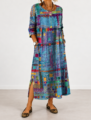 Manuela patchwork print dress in blue