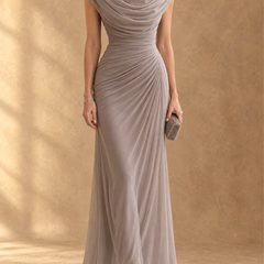 Cynthia | Cowl Neck Draped Mesh Maxi Dress