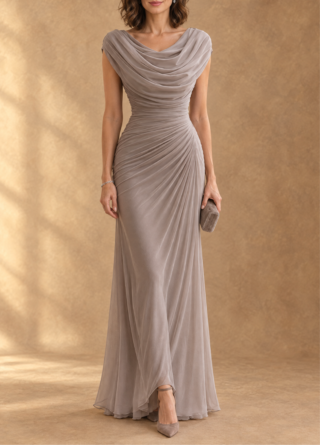 Cynthia | Cowl Neck Draped Mesh Maxi Dress