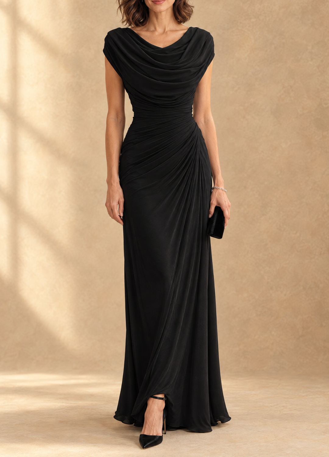 Cynthia | Cowl Neck Draped Mesh Maxi Dress