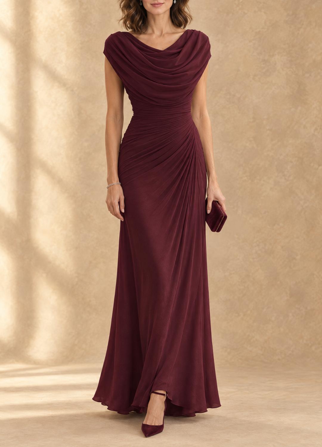 Cynthia | Cowl Neck Draped Mesh Maxi Dress