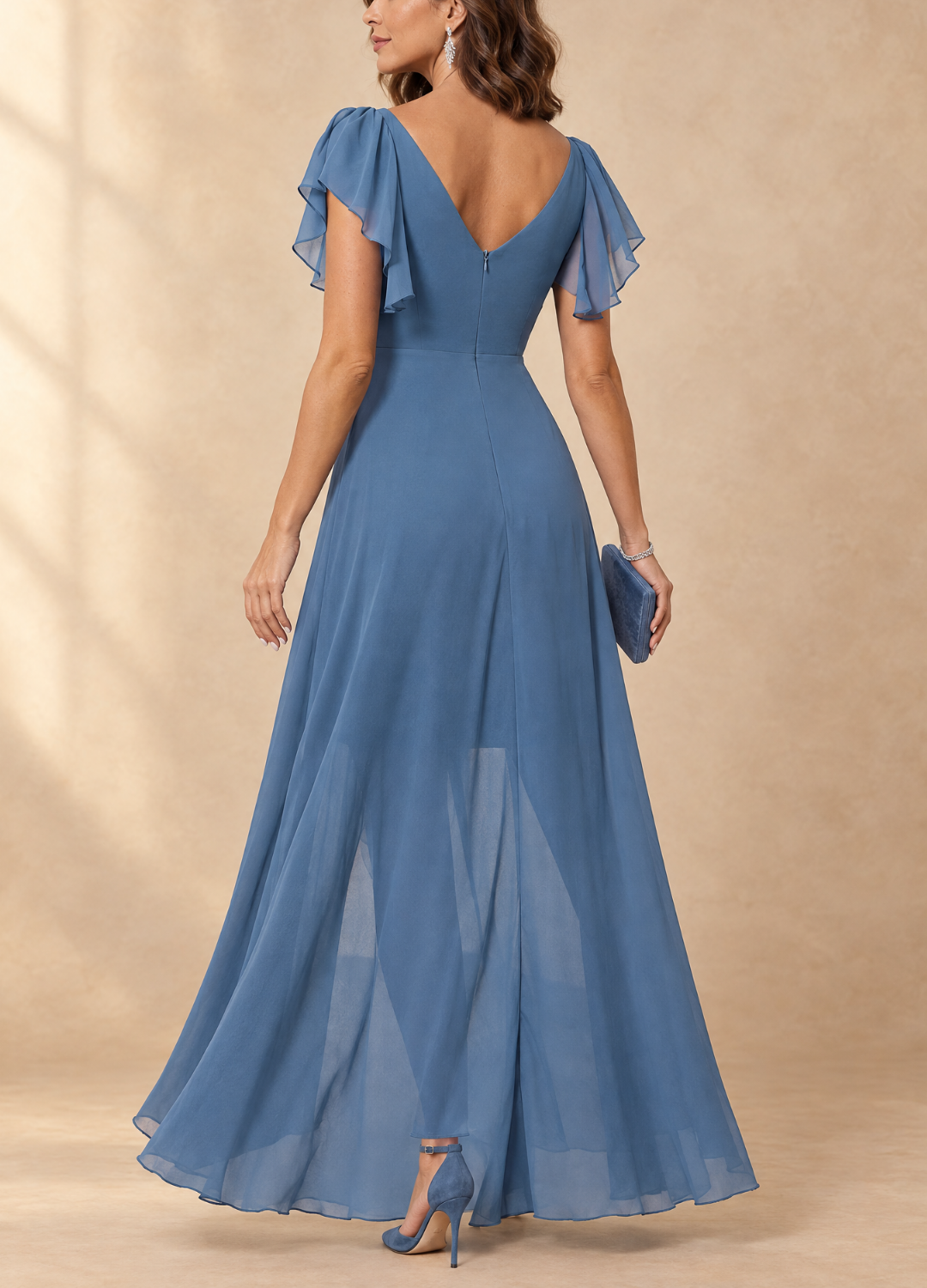 Denise | Flutter Sleeve High-Low Chiffon Maxi Dress
