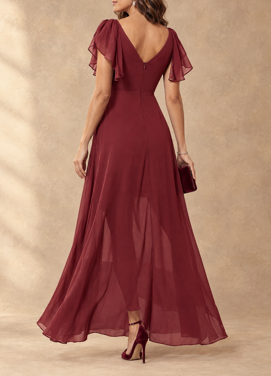 Denise | Flutter Sleeve High-Low Chiffon Maxi Dress