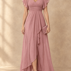 Denise | Flutter Sleeve High-Low Chiffon Maxi Dress