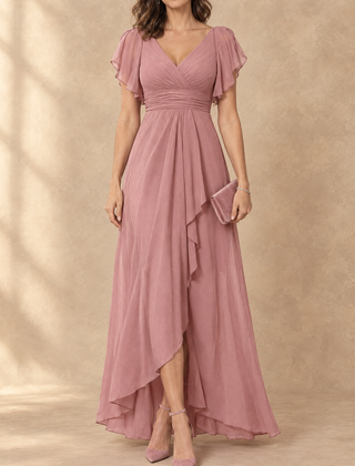 Denise | Flutter Sleeve High-Low Chiffon Maxi Dress