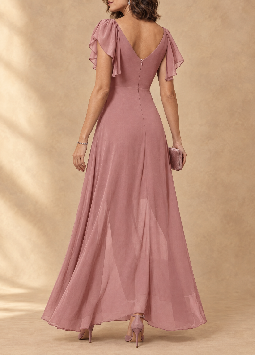 Denise | Flutter Sleeve High-Low Chiffon Maxi Dress