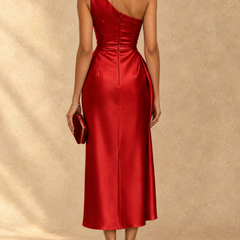Diane | One-Shoulder Ruched Satin Midi Dress